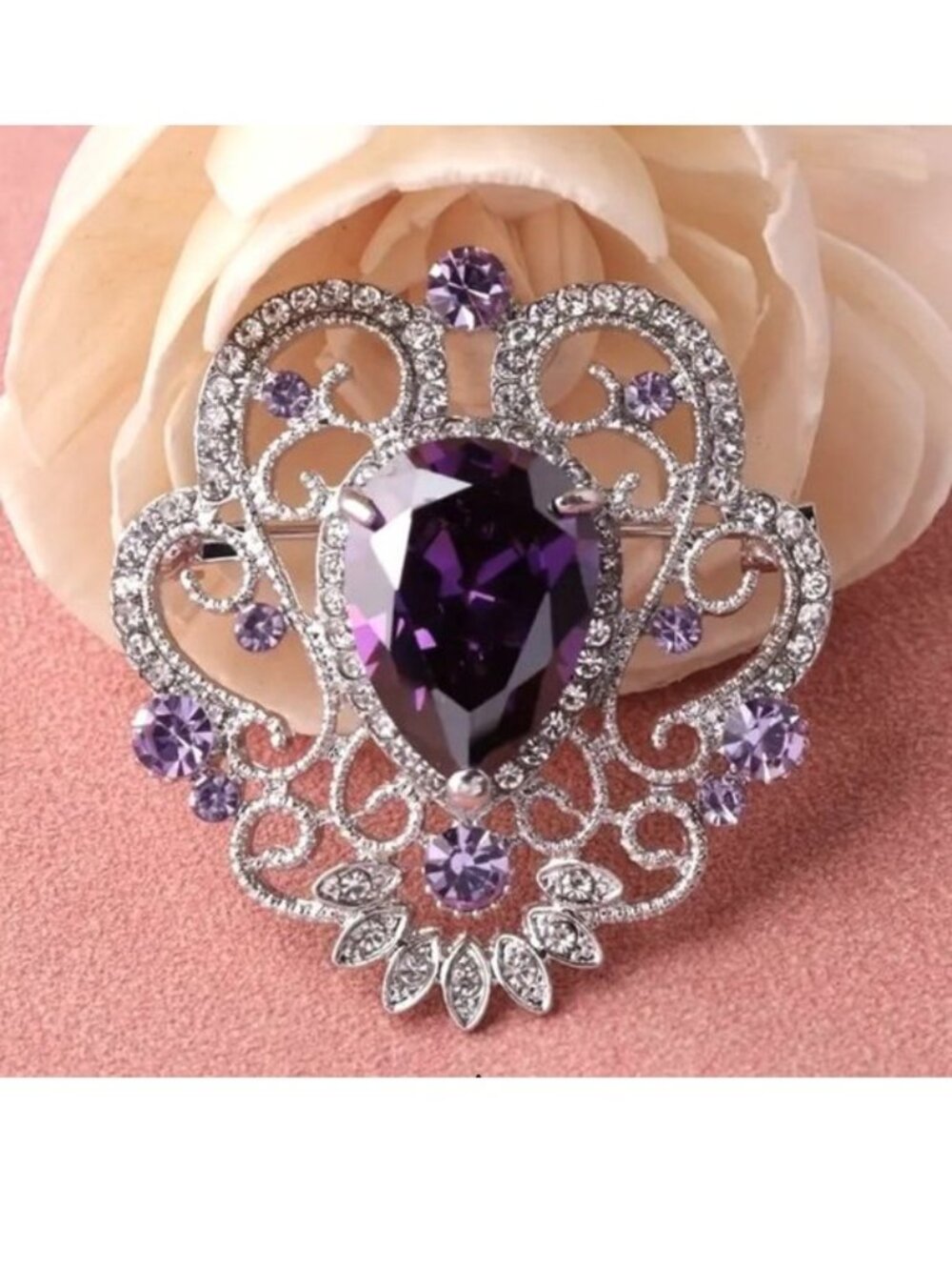 Brooch Rhinestone Elegant Filigree Purple Crystal Pin Sparkle Pear Shape Stone